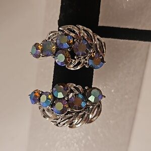 STAR Brand Vintage AB Blue Rhinestone on Silvertone Screw-On Earrings